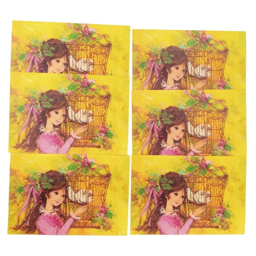 Vintage Christmas Card Girl Bird 60s Pink Yellow American Greetings Lot Of 6 New - Picture 1 of 7
